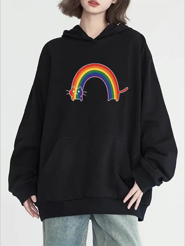 Women's Casual Sports Hooded Sweatshirt, Comfortable And Fashionable, Suitable For Sports And Daily Life, Rainbow Cat Print