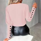 Women's V-Neck Contrast Trim Long Sleeve Blouse With Button Cuff Detail - Casual Comfort Top For Spring&Fall