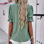 Women's Elegant Ruffle Detail Blouse Short Sleeve Round Neck Top