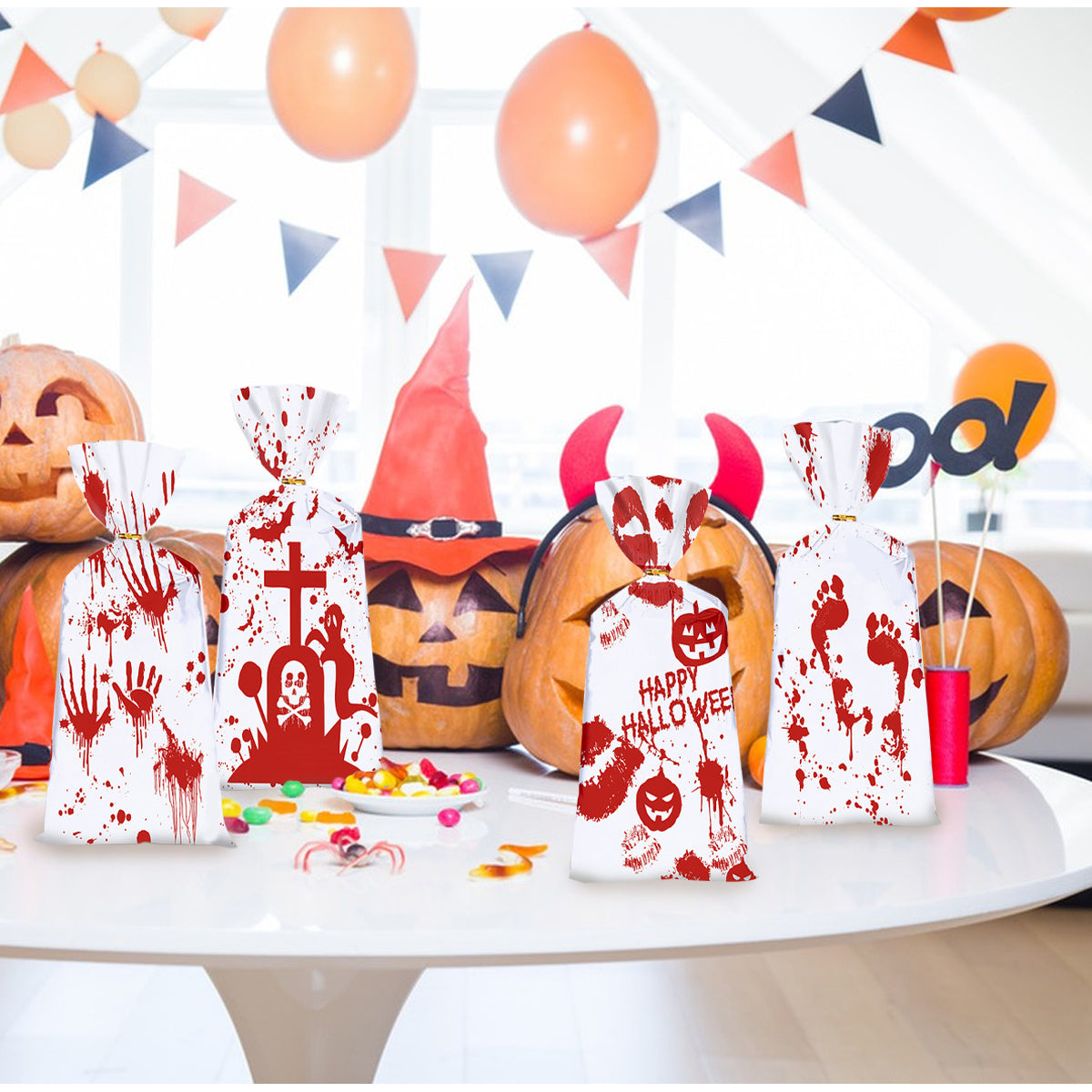 50 PCS Halloween Bloody Treat Bags With Twists Halloween Bloody Hand Pumpkin Themed Cellophane Candy Goodie Bags Ties For Halloween Horror Bloody Theme Party