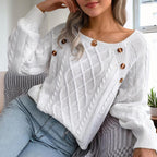 Women's Solid Color Casual Square Neck Button-Detail Knit Top - Textured Ribbed Pattern, Cozy Fall&Winter Sweater