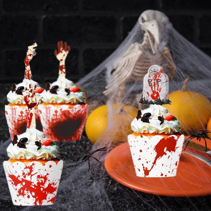 48Pcs Halloween Cupcake Toppers Wrappers Rip Kit Bloody Zombie Hand Cupcake Pick Decorations For Halloween Horror Movie Bloody Theme Birthday Party Cake Decorations Supplies