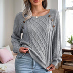 Women's Solid Color Casual Square Neck Button-Detail Knit Top - Textured Ribbed Pattern, Cozy Fall&Winter Sweater