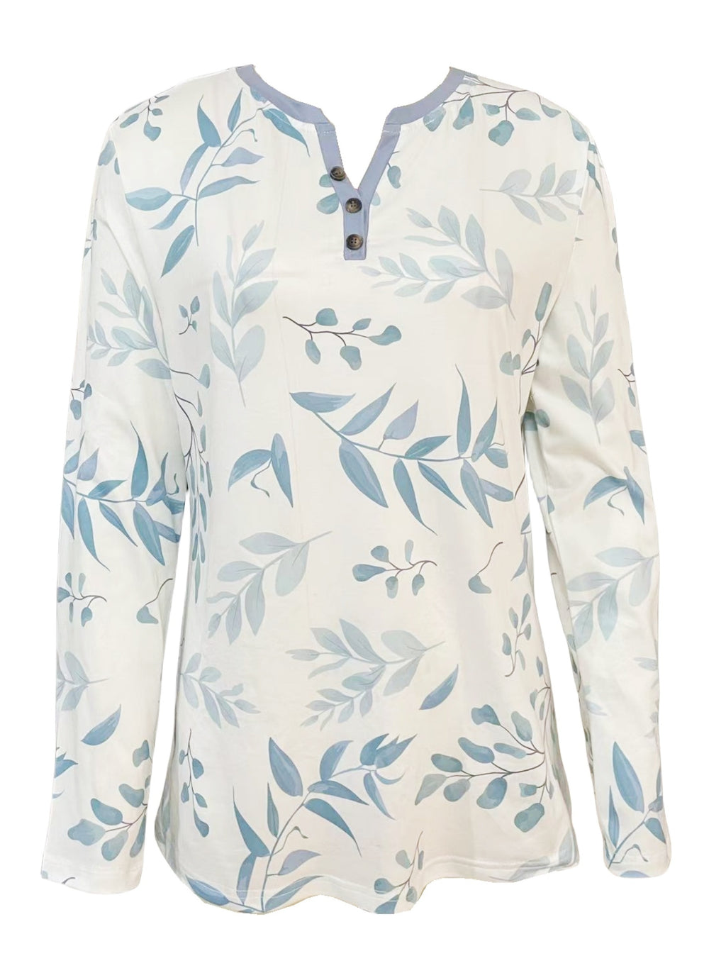 Spring And Autumn New Style Buttoned Leaf Printed Casual Long Sleeve T-Shirt