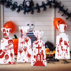 50 PCS Halloween Bloody Treat Bags With Twists Halloween Bloody Hand Pumpkin Themed Cellophane Candy Goodie Bags Ties For Halloween Horror Bloody Theme Party