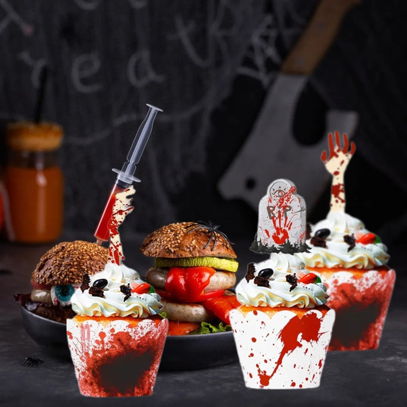 48Pcs Halloween Cupcake Toppers Wrappers Rip Kit Bloody Zombie Hand Cupcake Pick Decorations For Halloween Horror Movie Bloody Theme Birthday Party Cake Decorations Supplies
