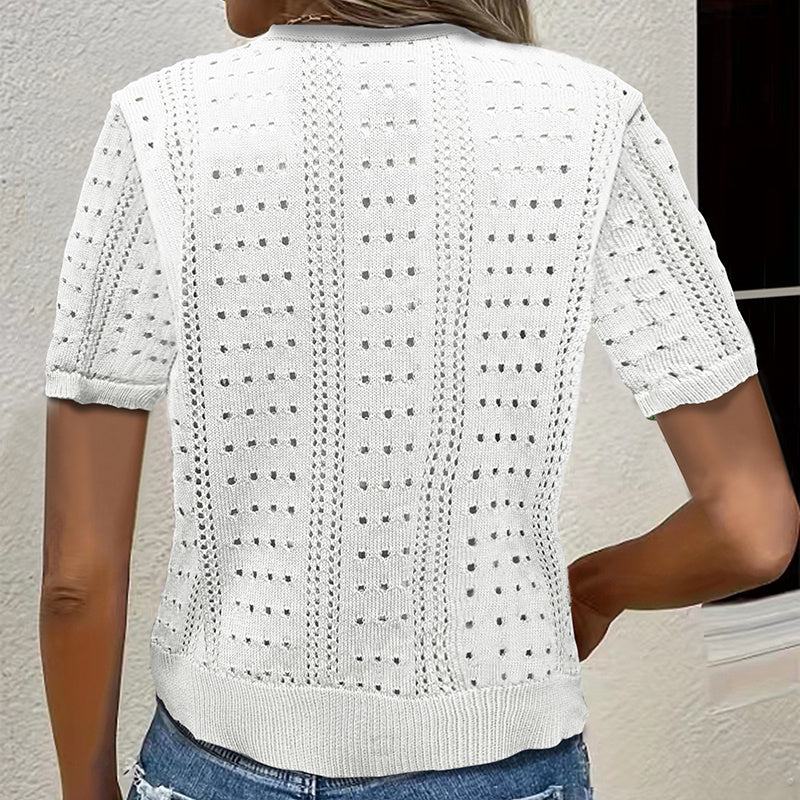 Women's V-Neck Lace Knit Cardigan Short Sleeve Open Front Semi-Sheer Cover-Up For Spring Summer Fall Layering