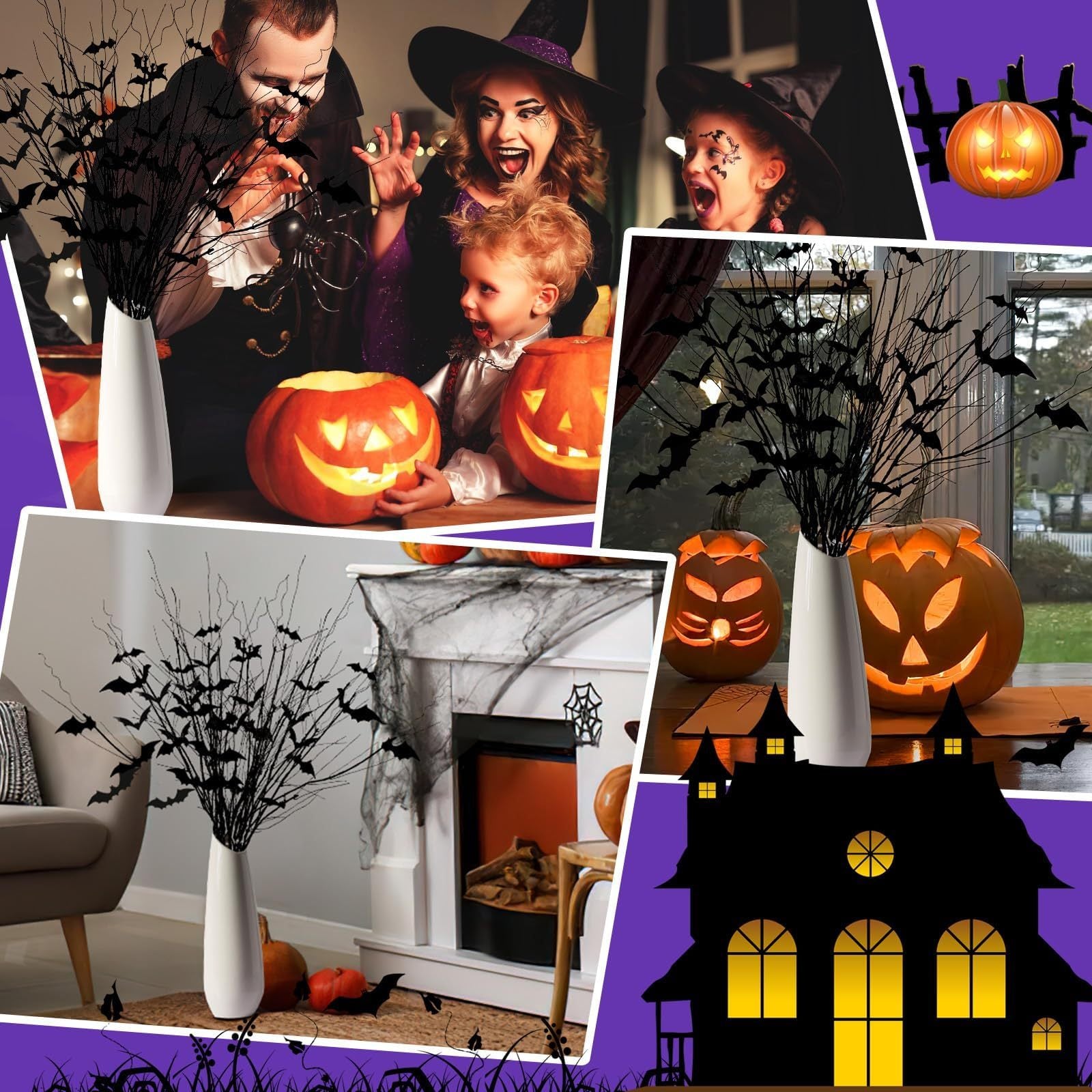 Curly Willow Branches 29.5 Inch Artificial Bendable Stems Black Branches With 36Pcs Halloween Bat Stickers For Halloween Wreath Home Party Decorations--Cannot Be Listed On Amazon Platform