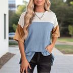 Women's Color Block Casual T-Shirt Short Sleeve Crew Neck Loose T-Shirt Top