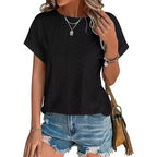 Womens Eyelet Embroidery Tops Casual Crew Neck Short Sleeve Trendy T Shirts