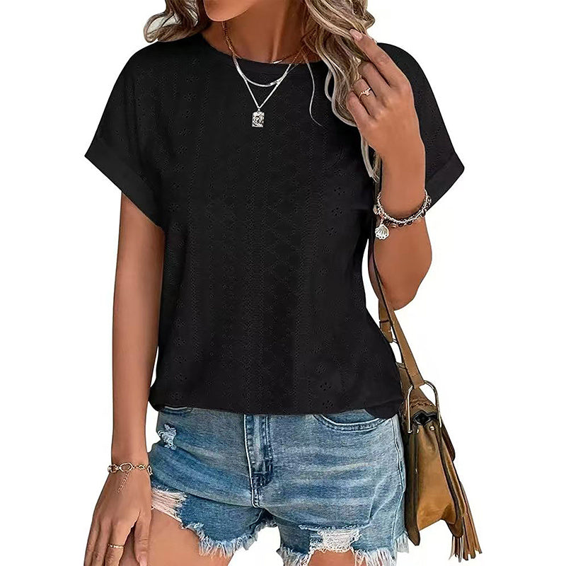 Womens Eyelet Embroidery Tops Casual Crew Neck Short Sleeve Trendy T Shirts