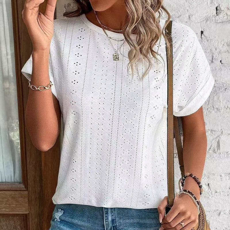 Womens Eyelet Embroidery Tops Casual Crew Neck Short Sleeve Trendy T Shirts