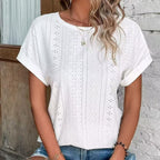 Womens Eyelet Embroidery Tops Casual Crew Neck Short Sleeve Trendy T Shirts