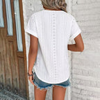 Womens Eyelet Embroidery Tops Casual Crew Neck Short Sleeve Trendy T Shirts