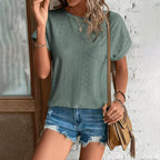 Womens Eyelet Embroidery Tops Casual Crew Neck Short Sleeve Trendy T Shirts