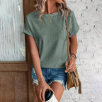 Womens Eyelet Embroidery Tops Casual Crew Neck Short Sleeve Trendy T Shirts
