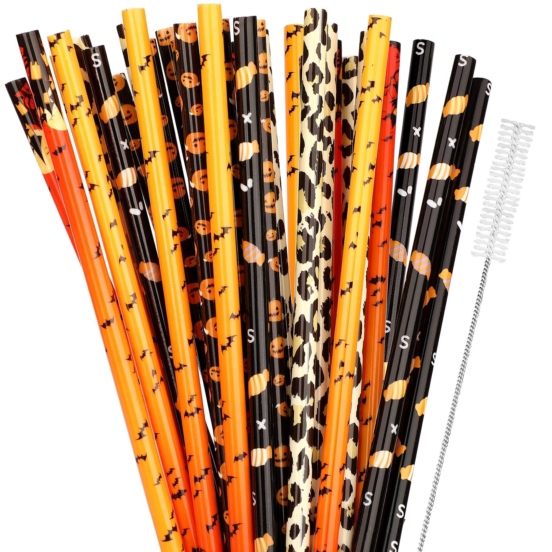 40 Pack Of 9 Inch BPA-Free Halloween Reusable Straws With Colorful Stripe Print Hard Straws For Mason Jars, Mason Glasses, Home Or Party Use, Comes With A Cleaning Brush-Selling On Amazon Is Prohibite