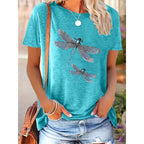 Women's Two Dragonflies Print Short Sleeve T-Shirt Casual Crew Neck Spring Summer Top