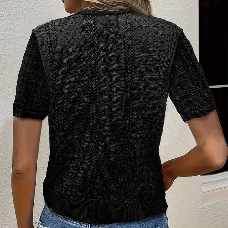Women's V-Neck Lace Knit Cardigan Short Sleeve Open Front Semi-Sheer Cover-Up For Spring Summer Fall Layering