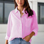 Women's Elegant Striped Long Sleeve Shirt - Pointed Lapel Collar With Chest Pocket, Button-Up Casual Blouse For Spring&Fall