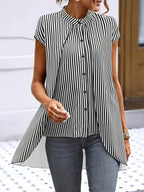 Black And White Striped Fake Two-piece Short-sleeved Shirt, Round-neck Front-buttoned Shirt