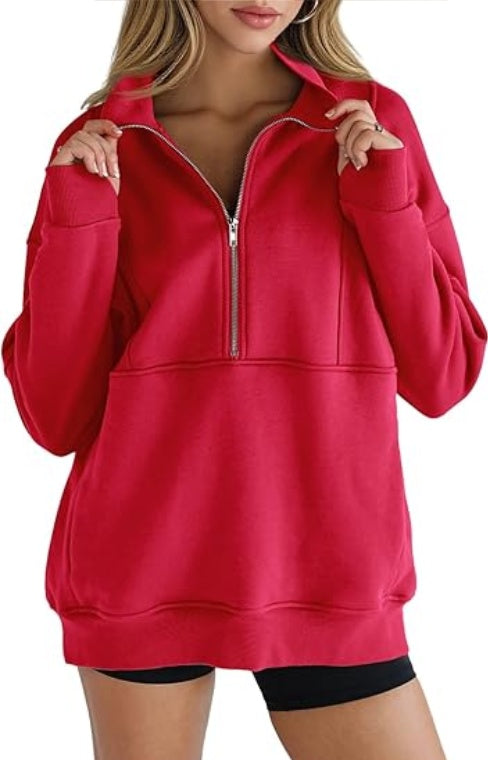 Women's Half Zip Sweatshirts Fleece Stand Collar Long Sleeve Thumb Hole Oversized Pullovers With Pockets