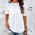 Women's Elegant Ruffle Detail Blouse Short Sleeve Round Neck Top