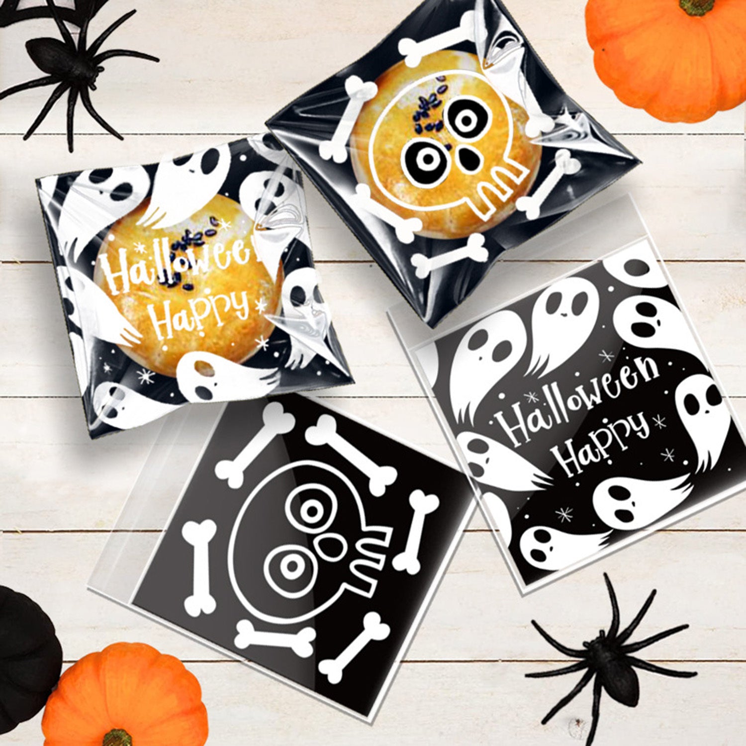 450 Pcs Halloween Cellophane Treat Bags  Self-sealing Clear Candy Cookie Bags Pumpkin Ghost Black Cat Skull Trick Or Treat Bags For Halloween Birthday Trick Or Treat Party Favors Supplies
