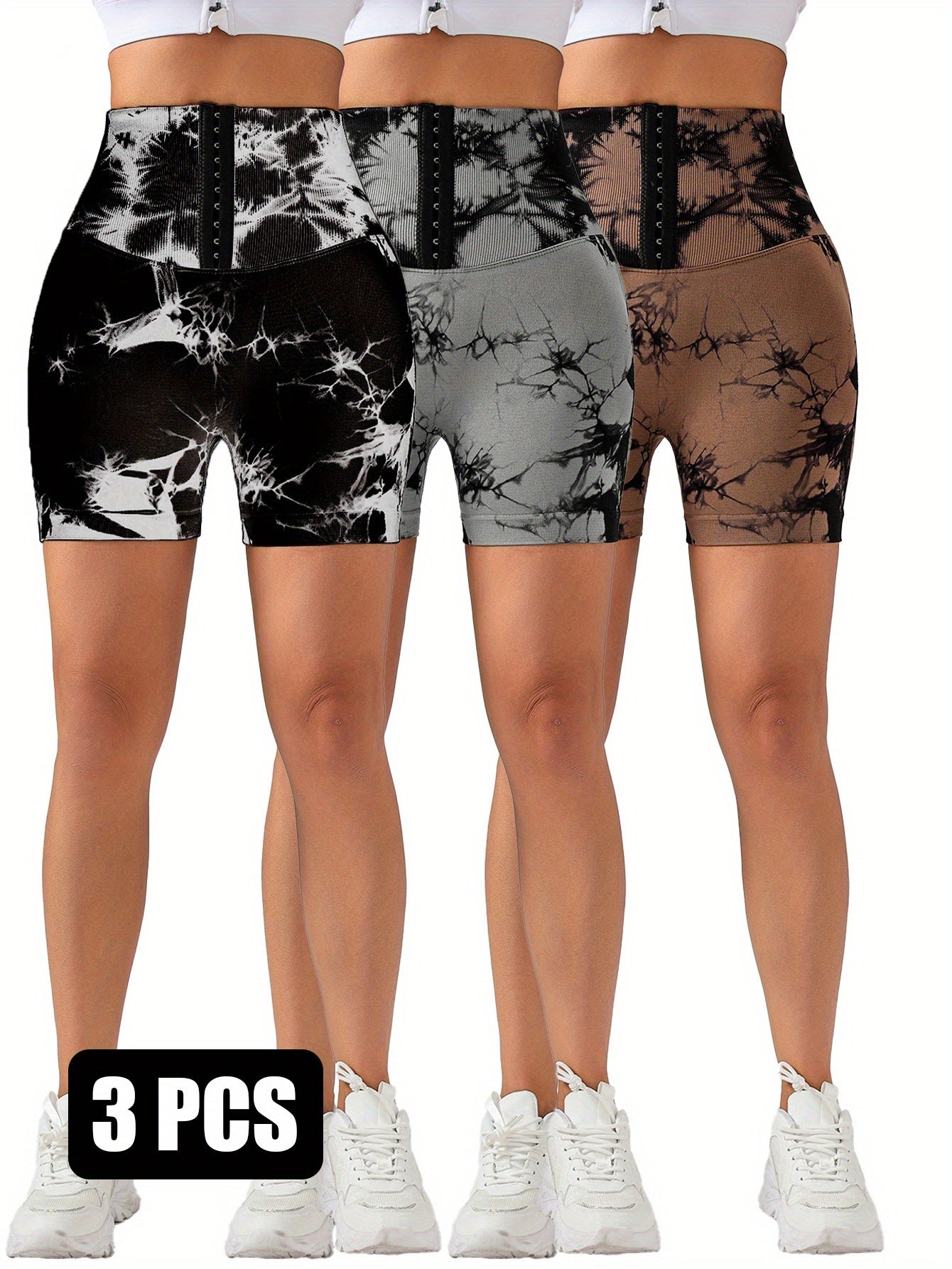3 Pack 3-ROW HOOK Seamless Tie Dye Tummy Control Leggings Shape Body Slim Scrunch Butt Lifting Fitness Sports Shorts