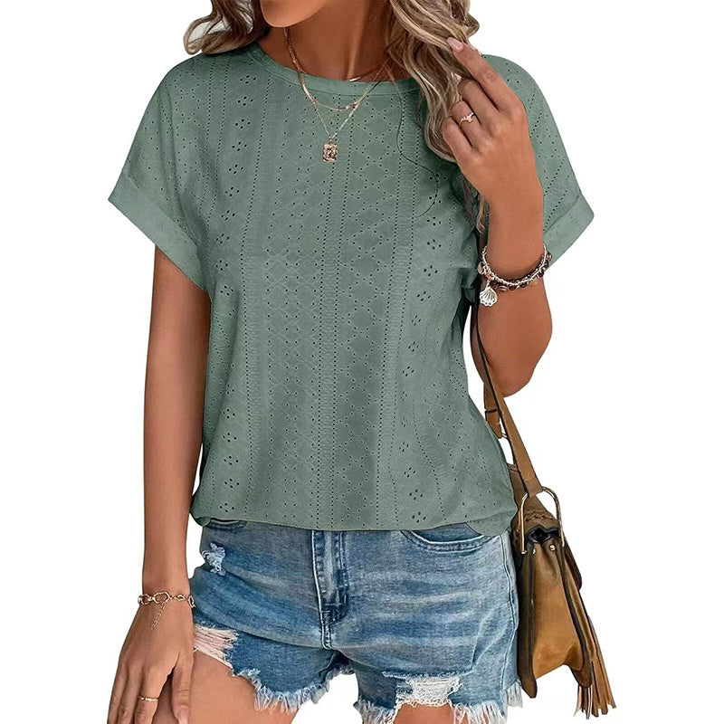 Womens Eyelet Embroidery Tops Casual Crew Neck Short Sleeve Trendy T Shirts
