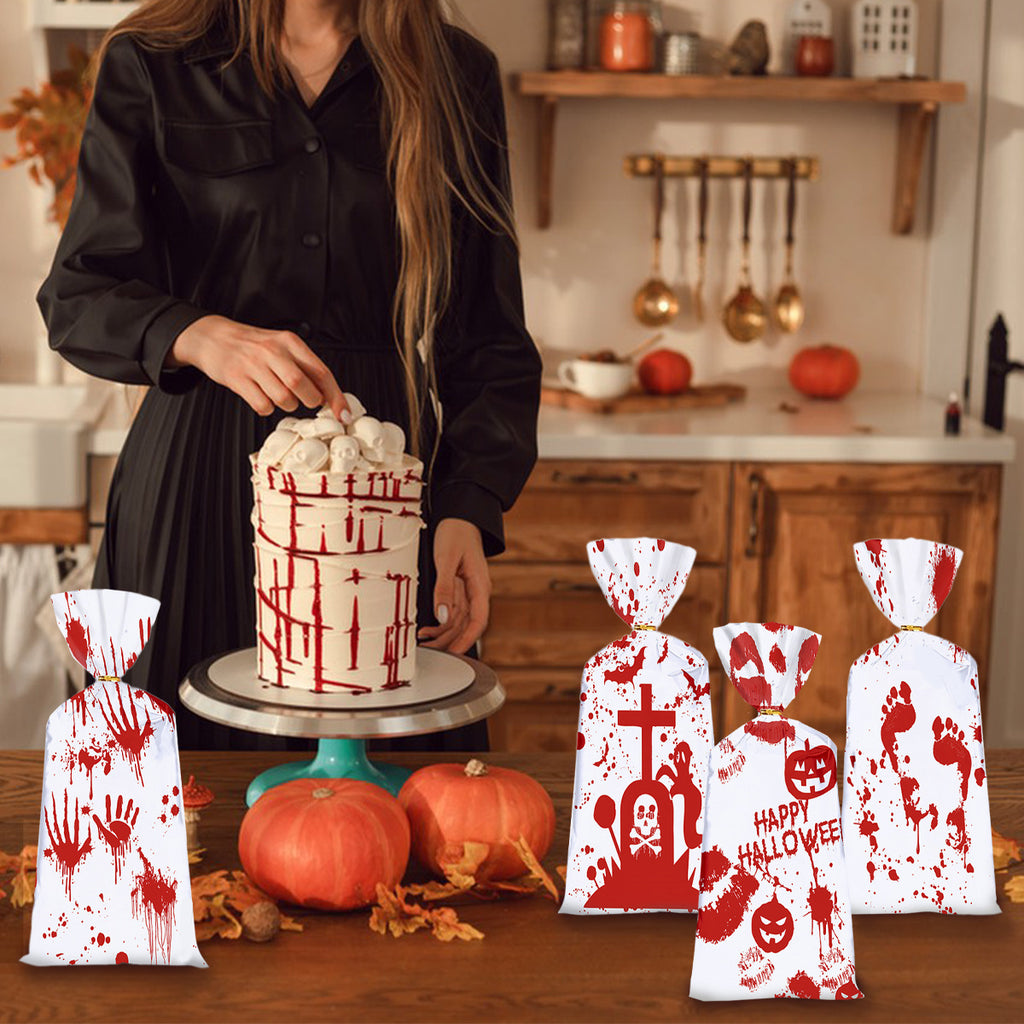 50 PCS Halloween Bloody Treat Bags With Twists Halloween Bloody Hand Pumpkin Themed Cellophane Candy Goodie Bags Ties For Halloween Horror Bloody Theme Party