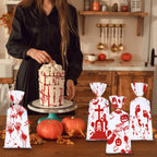 50 PCS Halloween Bloody Treat Bags With Twists Halloween Bloody Hand Pumpkin Themed Cellophane Candy Goodie Bags Ties For Halloween Horror Bloody Theme Party
