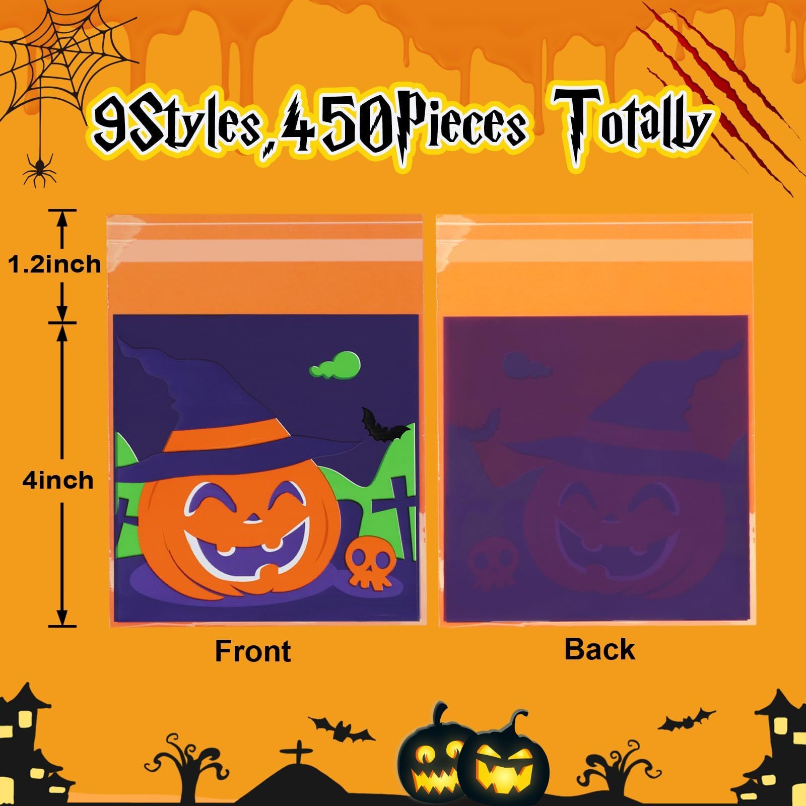 Halloween 450pcs Self-adhesive Candy Cellophane Treat Bags Cookie Bags For Halloween Trick Or Treat Goodie Party Favor Supplies-9 Patterns-Cannot Be Listed On Amazon Platform