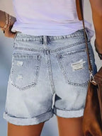 Womens Mid-High Rise Ripped Jean Shorts Distressed Stretchy Denim Shorts