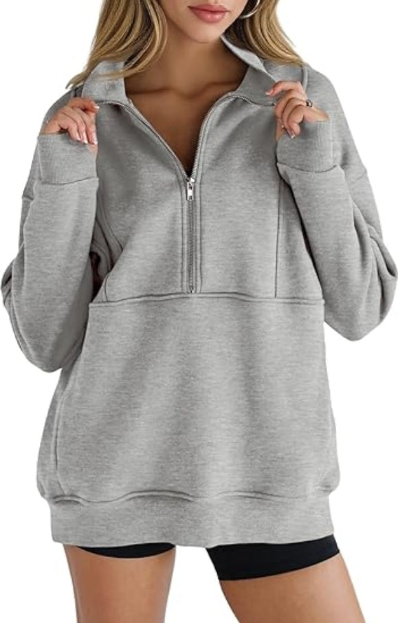 Women's Half Zip Sweatshirts Fleece Stand Collar Long Sleeve Thumb Hole Oversized Pullovers With Pockets