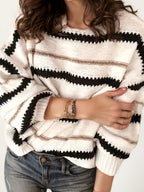 Women's Autumn And Winter Commuting Pullover, Striped Casual Long Sleeved Knitted Sweater