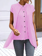 Black And White Striped Fake Two-piece Short-sleeved Shirt, Round-neck Front-buttoned Shirt