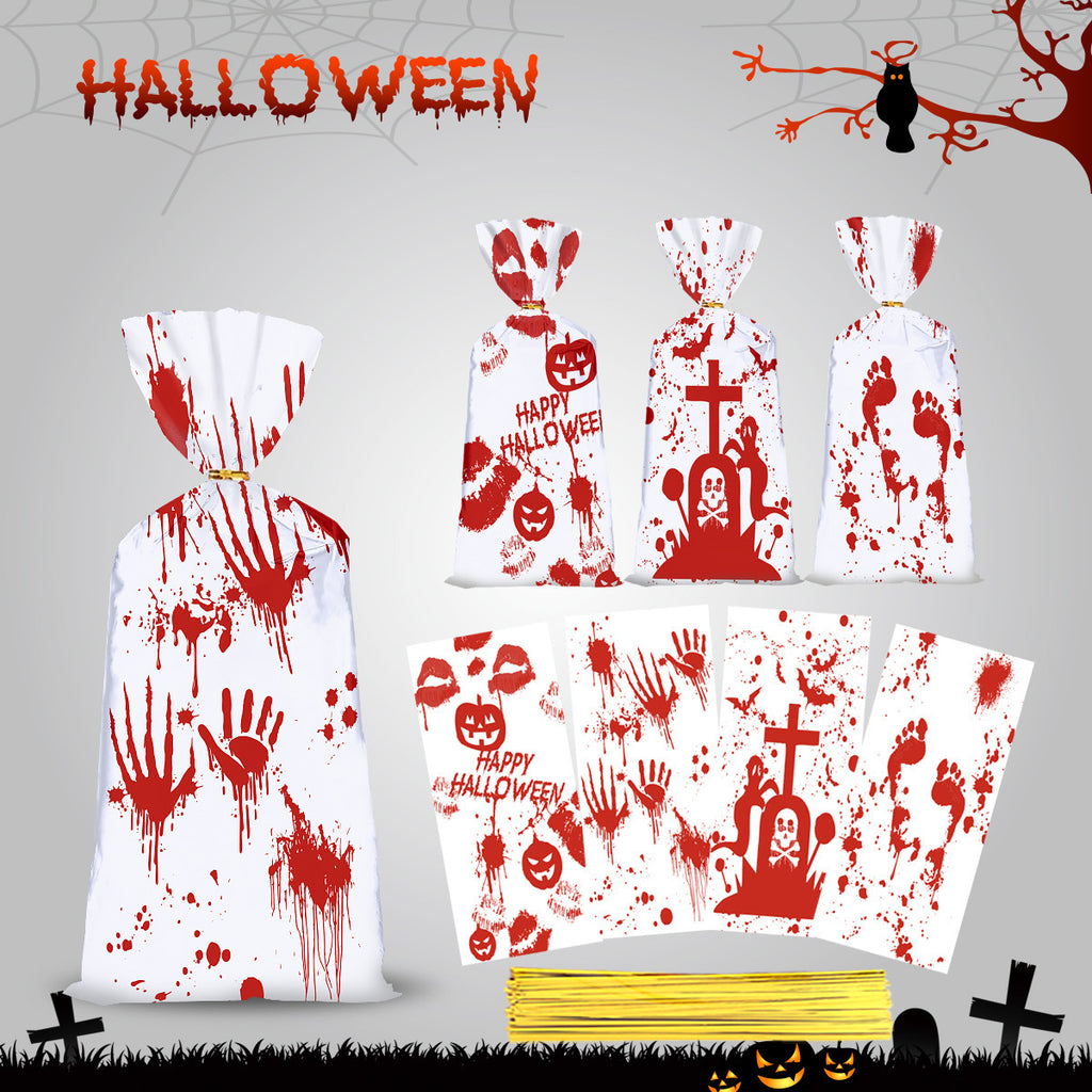 50 PCS Halloween Bloody Treat Bags With Twists Halloween Bloody Hand Pumpkin Themed Cellophane Candy Goodie Bags Ties For Halloween Horror Bloody Theme Party