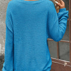 Plus Size Women's Waffle Knit Round Neck Drop Shoulder Long Sleeve Top - Casual Loungewear