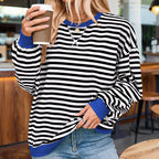 Women's Casual Crewneck Striped Long Sleeve Sweatshirt - Comfortable Loose Fit Ribbed Knit Top For Spring&Fall