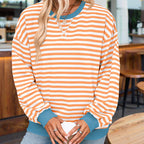 Women's Casual Crewneck Striped Long Sleeve Sweatshirt - Comfortable Loose Fit Ribbed Knit Top For Spring&Fall