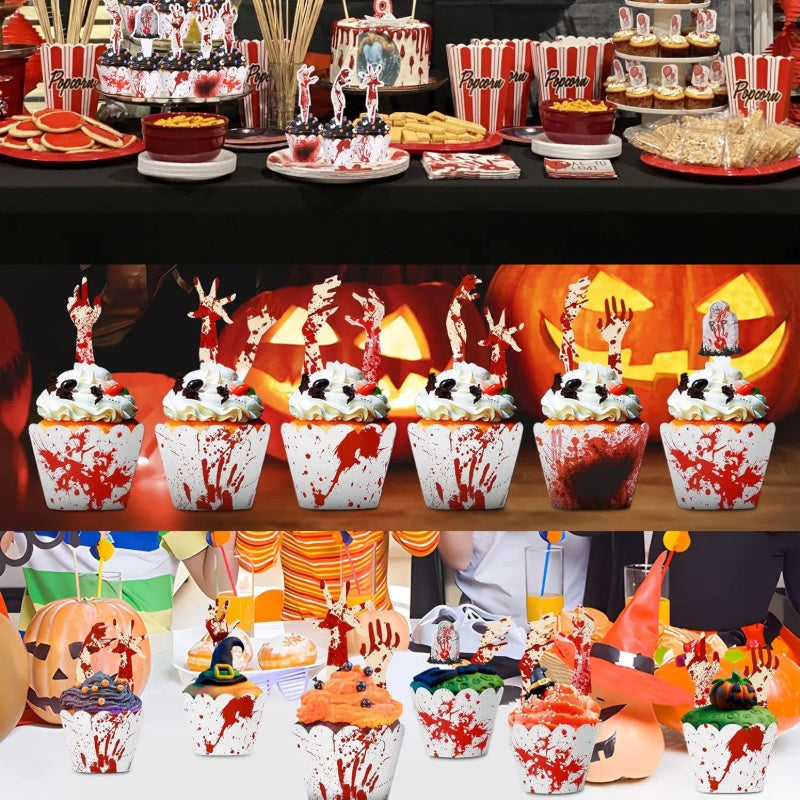 48Pcs Halloween Cupcake Toppers Wrappers Rip Kit Bloody Zombie Hand Cupcake Pick Decorations For Halloween Horror Movie Bloody Theme Birthday Party Cake Decorations Supplies