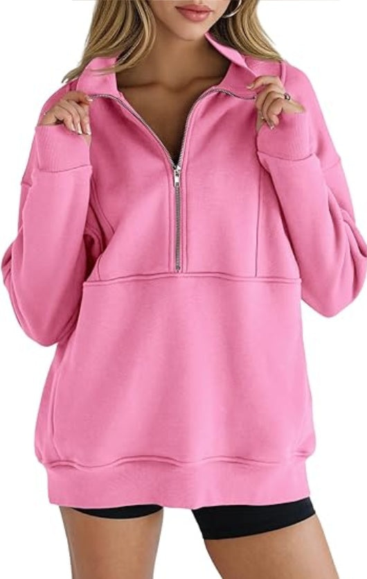 Women's Half Zip Sweatshirts Fleece Stand Collar Long Sleeve Thumb Hole Oversized Pullovers With Pockets