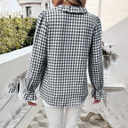 Women's French Style Checkered Button-Up Shirt - Elegant Plaid Pattern, Stand Collar With Ruffled Cuffs, Comfortable Wear