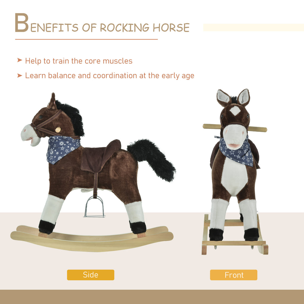 Plush Cowboy Rocking Horse, Wooden Ride-On With Realistic Sounds, Wild West Fun, Brown, For 3-6 Years