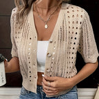 Women's V-Neck Lace Knit Cardigan Short Sleeve Open Front Semi-Sheer Cover-Up For Spring Summer Fall Layering