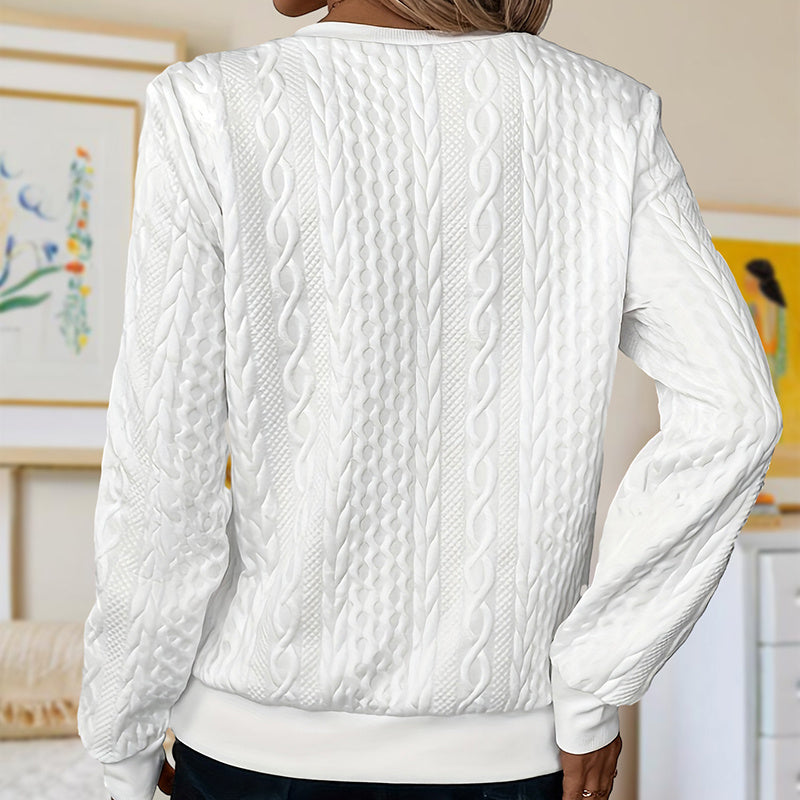 Women's Elegant Solid Color Textured Long Sleeve Sweatshirt With Zipper & Button - Casual Pullover