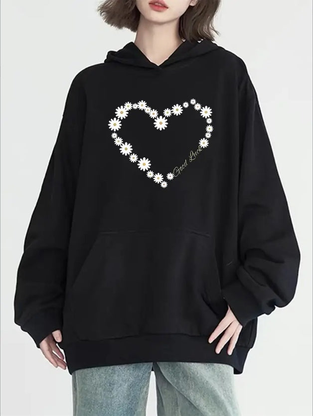 Women's Casual Sports Hooded Sweatshirt, Comfortable And Fashionable, Suitable For Sports And Daily Life, Flower Heart Print