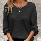 Plus Size Women's Waffle Knit Round Neck Drop Shoulder Long Sleeve Top - Casual Loungewear