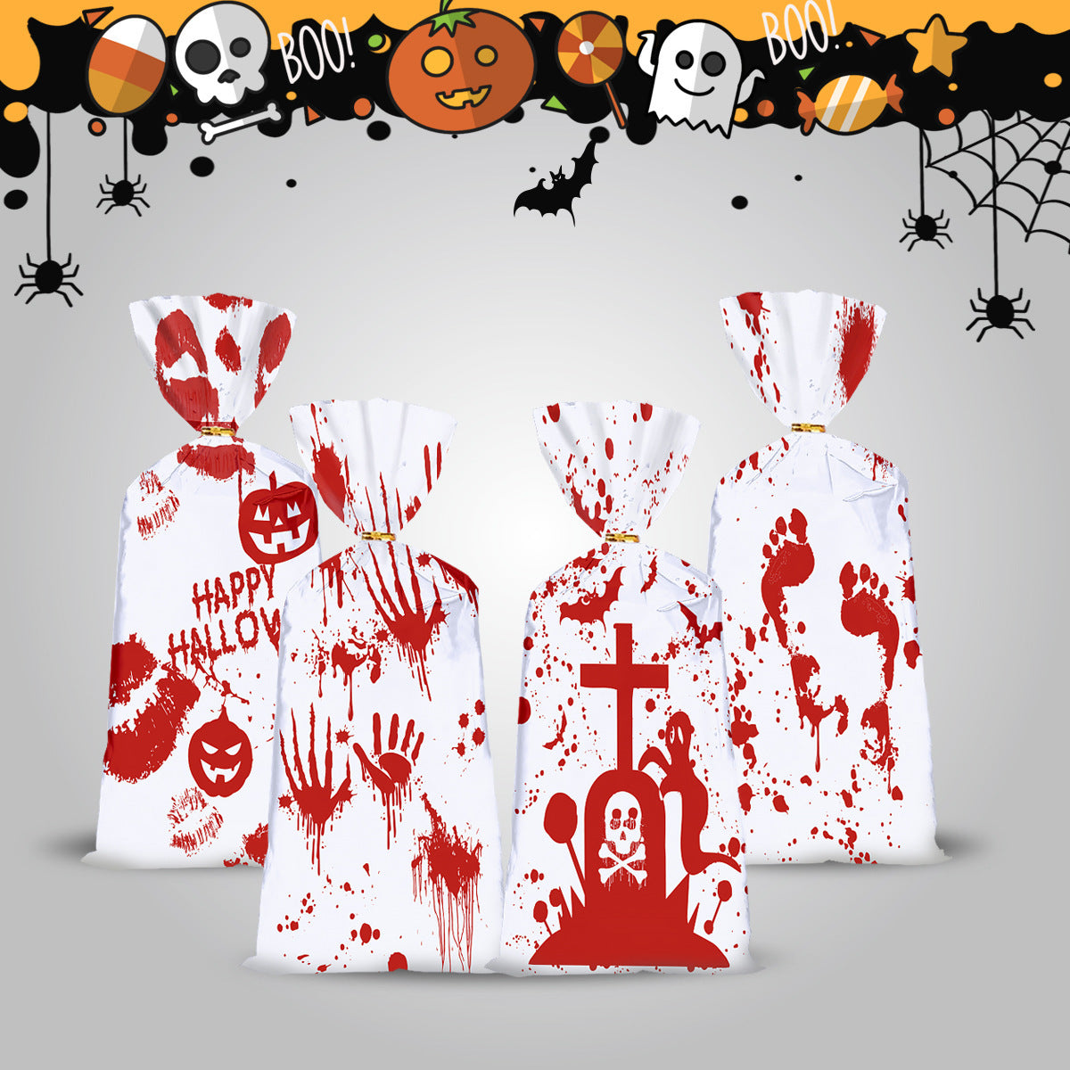 50 PCS Halloween Bloody Treat Bags With Twists Halloween Bloody Hand Pumpkin Themed Cellophane Candy Goodie Bags Ties For Halloween Horror Bloody Theme Party